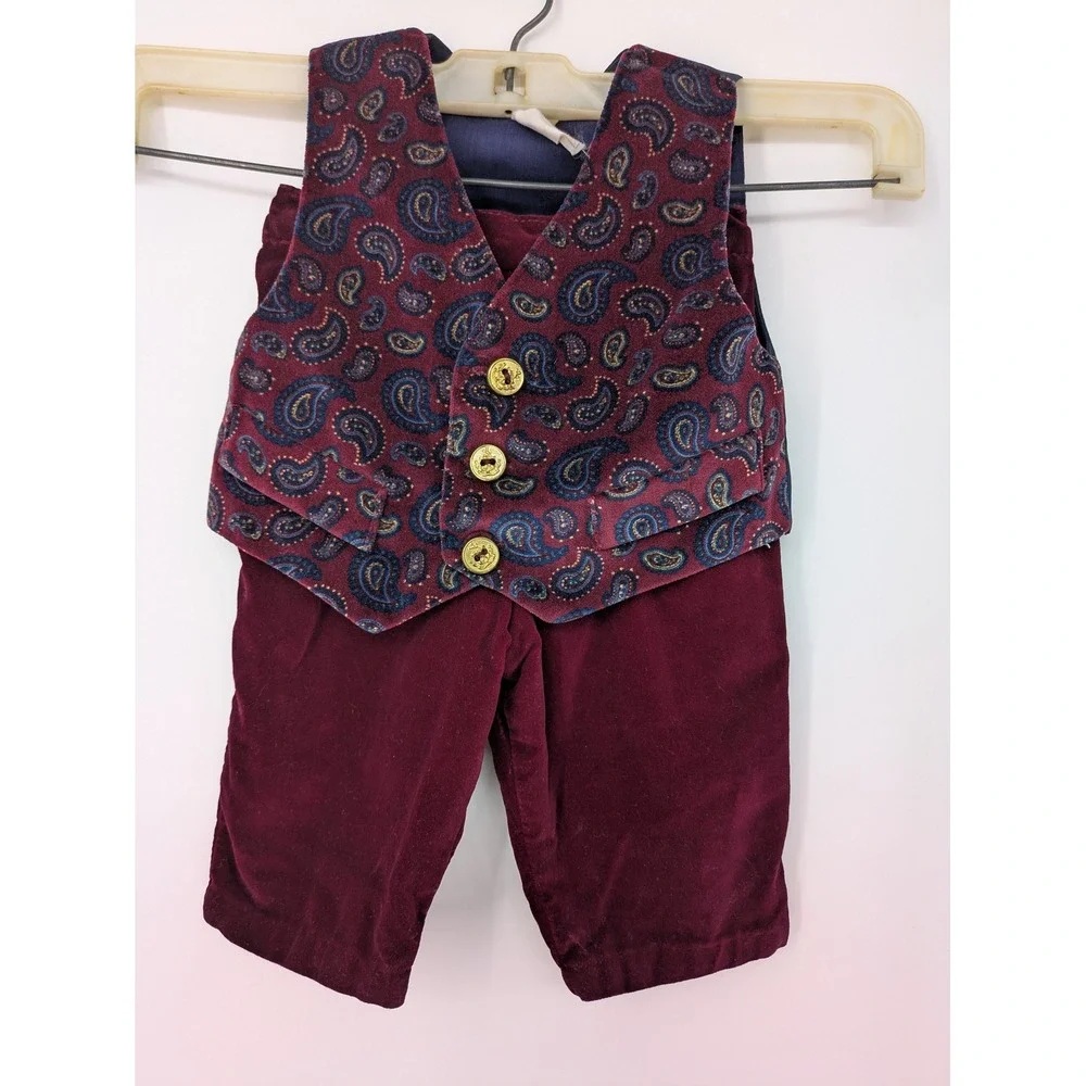 Vintage Vest Pants Set Baby Boys 3-6 Months Burgundy Paisley Corduroy Formal